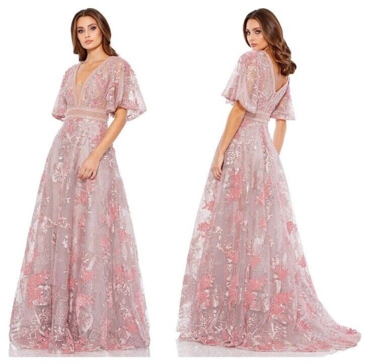 NWT Mac Duggal 20262 Embroidered Beaded Flounce Sleeve A