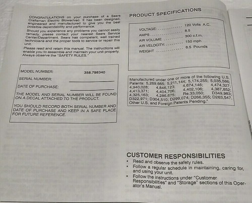 Craftsman 358.798340 Electric Leaf Blower Vac Replacement Operators Manual ONLY