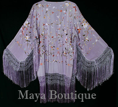 Pre-owned Maya Matazaro Embroidered Silk Fringe Jacket Kimono Lilac Multi Birds Flower Usa In Purple