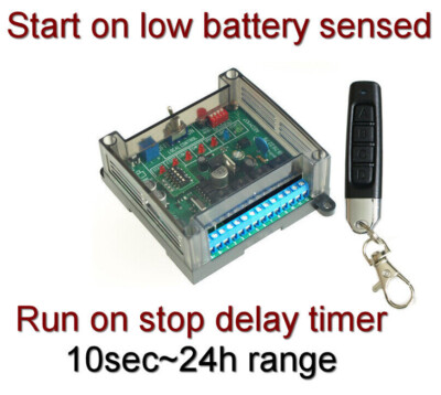 Generator Controller. Start on low battery detected and run ON stop delay timer