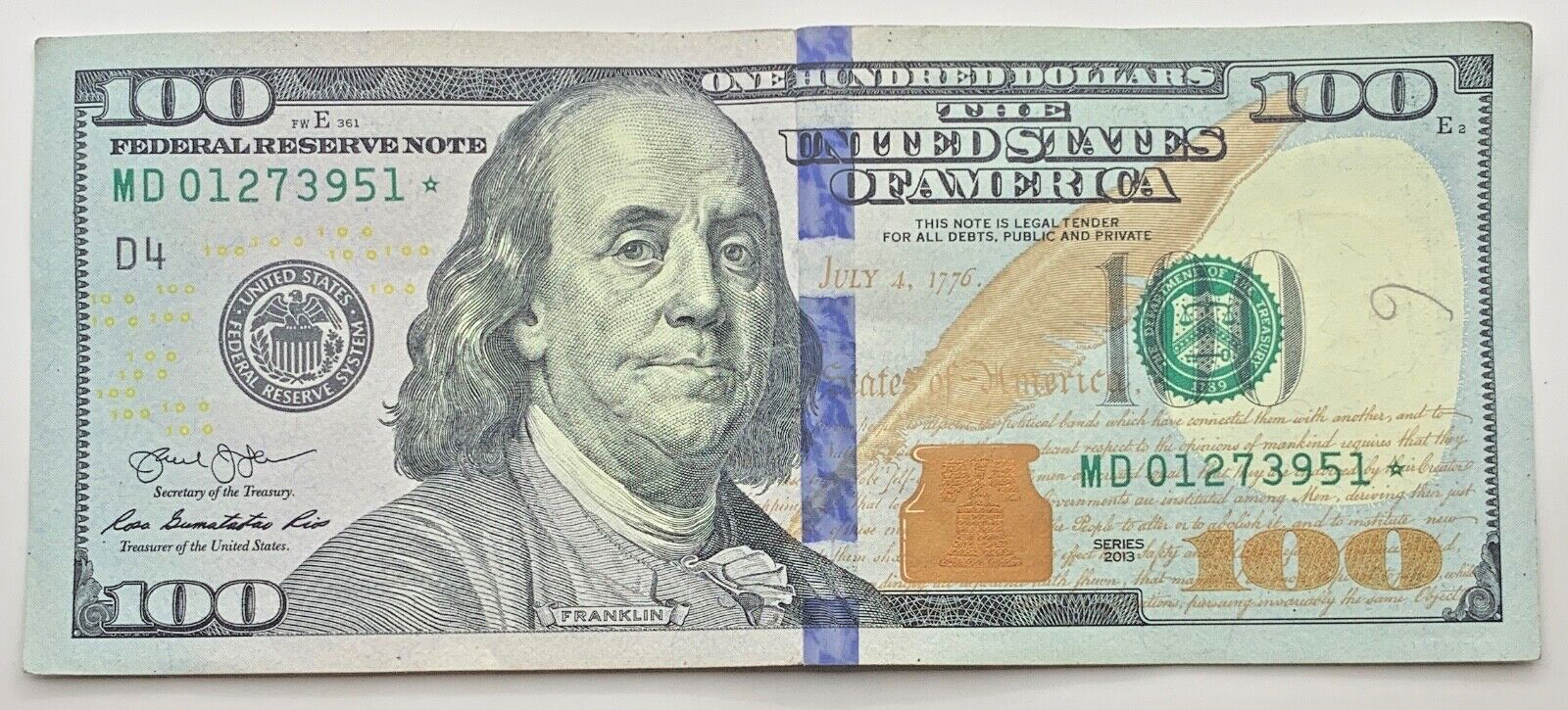 USドル＊アメリカ＊100ドル分 2013 $100 Bill STAR Note - D4 - Cleveland -Franklin