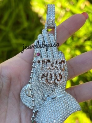 Pre-owned Nsg 3d Praying Hand Real Moissanite Custom Religious Pendant Silver Free Rope Chain In White