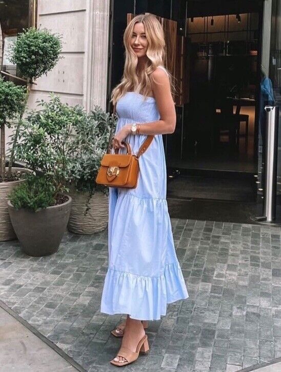 Blogger's Fav ZARA SMOCKED POPLIN TIERED MIDI MAXI BLUE DRESS