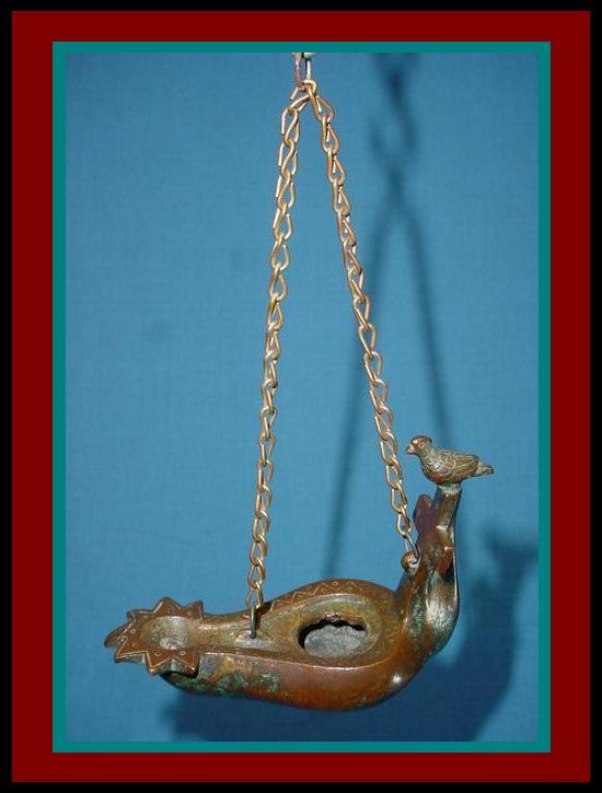 ANTIQUE ROMAN BYZANTINE INCISED BRONZE HANGING OIL LAMP w/ Bird perched on CROSS