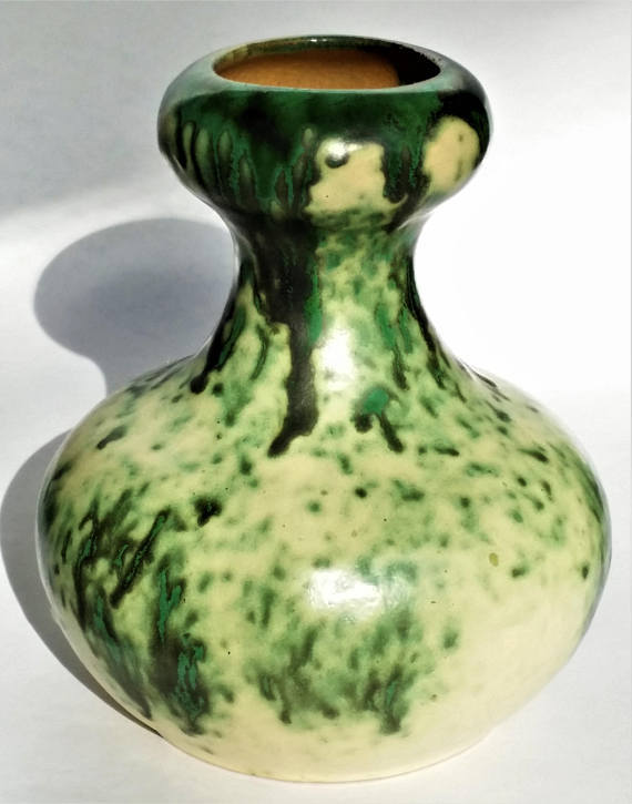 Green Drip Pottery Squat Vase, Vintage Ceramic Mottled Arts & Crafts Pot