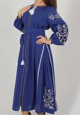 Pre-owned Handmade Ukrainian Embroidered Dress. Blue Cotton Size Xs S, M, L, Xl, Xxl Beautiful Gift