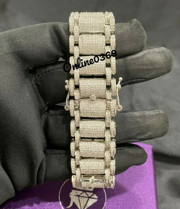 Pre-owned Online0369 8.11ct Rd Cubic Zirconia Mens Wide Link Tennis 8" Bracelet Silver Free Stud In White