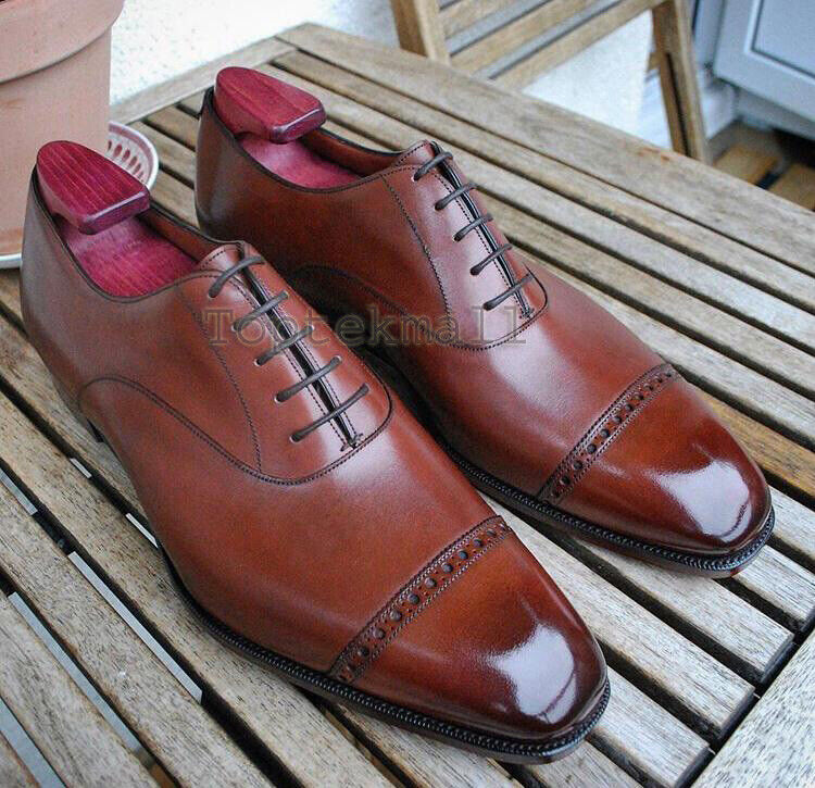 Pre-owned Handmade Men's Leather Oxfords Brown Dress Stylish One Piece Formal Shoes-44