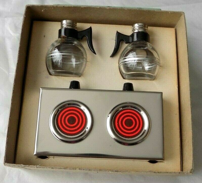 Vtg Hot Plate Coffee Twins Salt and Pepper Set Unused in Original Box Novelty