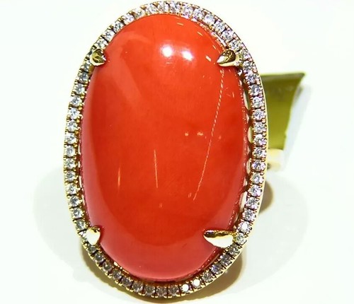 Designer 18K Gold Natural Coral White Cut Diamond Engagement Ring Vintage Retro