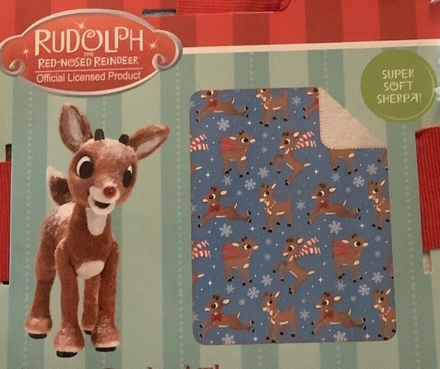 New!!! Rudolph The Red Nosed Reindeer Sherpa Backed Throw 46in X 60in Christmas