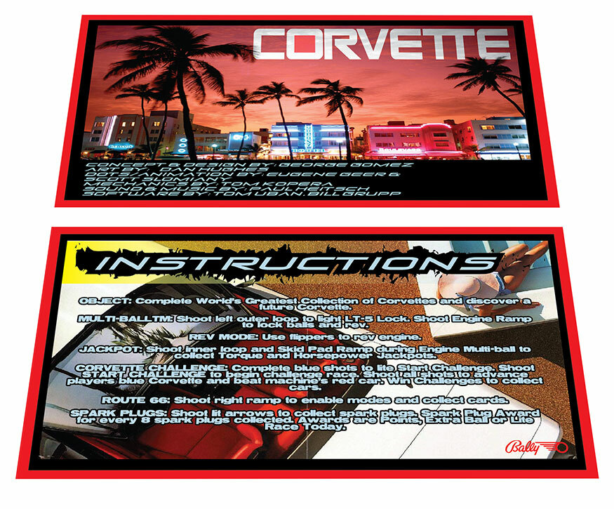 Bally Corvette Pinball Custom Apron Instruction Cards