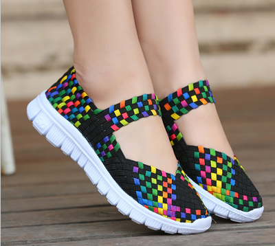 Women Woven Shoes Slip On Elastic Flat Shoes Summer Breathable Casual Sandals 