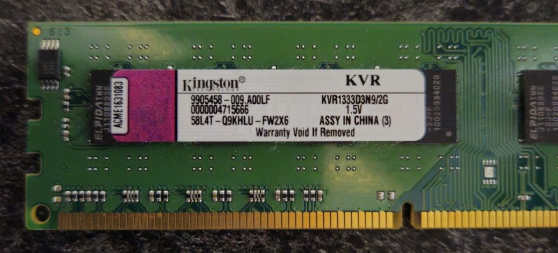 Kvr1333d3n9/2g Kingston 2gb Pc3-10600 Ddr3-1333mhz Cl9 240-Pin Dimm