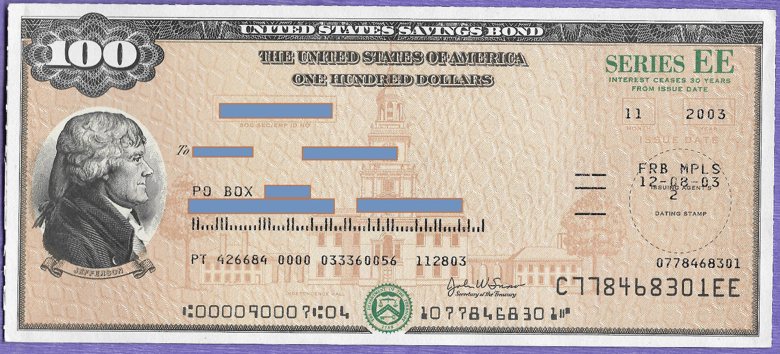 US SAVING BOND JEFFERSON 11 2003 $100.00  SERIES EE  UNCANCELLED