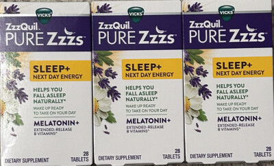ZzzQuil Pure Zzzs Sleep + Next Day Energy 3 Pack~ 28 Tablets Each Exp 1/2024