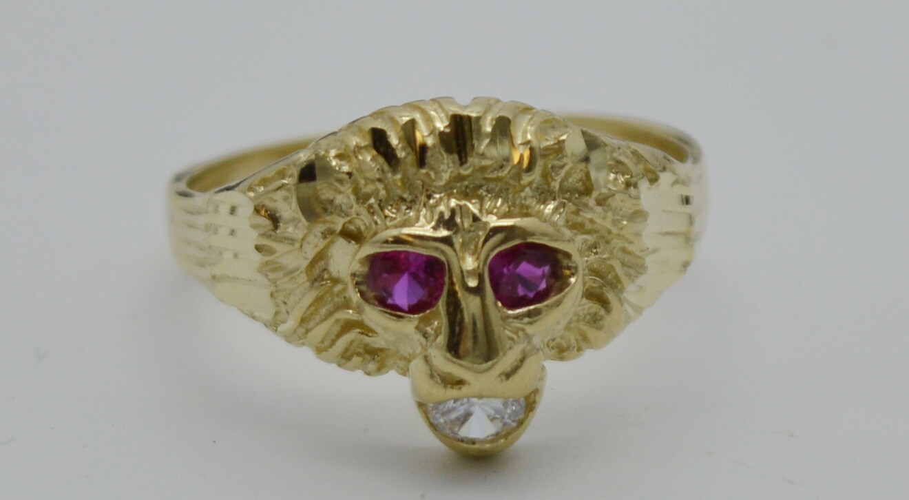 Pre-owned Head Real Solid 10k Yellow Gold Mens Red Eye Lion  Ring 2.9 Grams All Sizes