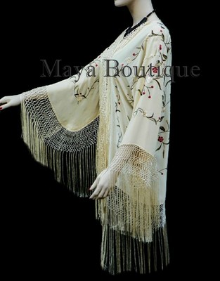 Pre-owned Maya Matazaro Silk Embroidered Fringe Kimono Flapper Jacket Vanilla  Usa Made In White