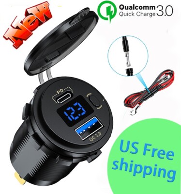 QC 3.0+PD Dual USB Socket Charger LED Voltmeter 12V Power Outlet for Car Boat RV