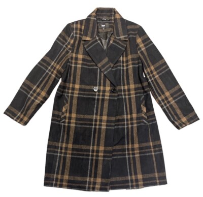 DKNY Women's Fashion Faux Wool Notched Lapel Fully Lined Coat Black Plaid Sz XL