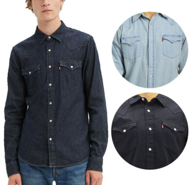 

Повседневная классическая рубашка с пуговицами Levi-#39;s Mens Barstow Classic Western из денима с жемчугом и пуговицами