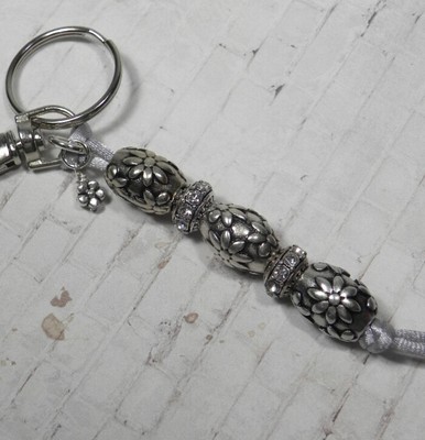 Metal Flower Barrel Bead Beaded Handmade Split Ring Keychain Hook Silver New