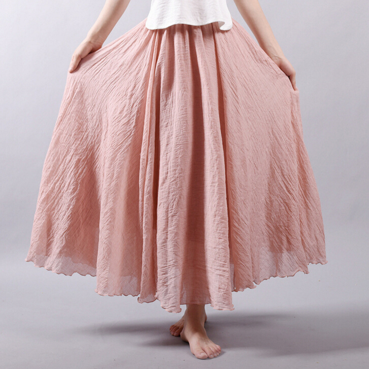 Hot Women Linen Boho Pleated Maxi Long Beach Skirt Casual Cotton Dress Vintage