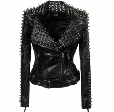 Womens Spike PU Leather Zipper Coat Basic Jacket Rivets Punk Rock Clothes