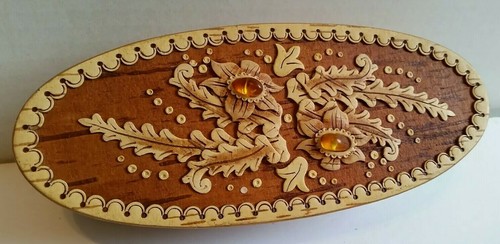 Handcrafted Russian Birch Bark Amber & Flower Decorated Jewelry Or Trinket Box
