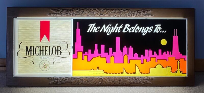 Vintage Michelob Beer Chicago Skyline Lighted Bar Sign 1990 Night Belongs To HTF
