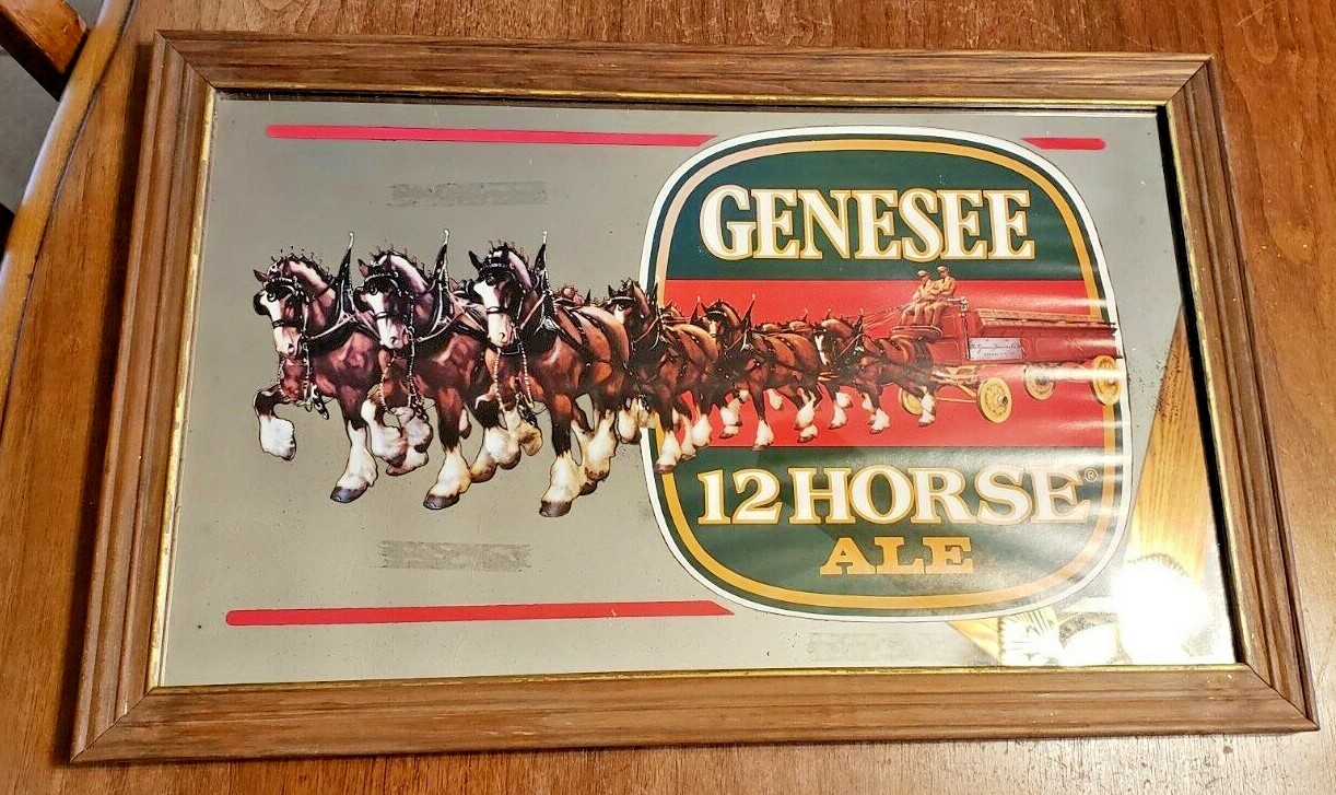 GENESEE 12 HORSE アメリカアンティーク　パブミラーUSA鏡看板 VINTAGE GENESEE 12 HORSE ALE MIRROR SIGN WITH WOODEN FRAME