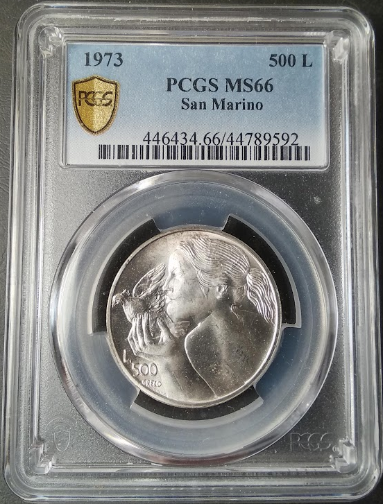 :1973 500 LIRE SAN MARINO PCGS MS66 CHILD HOLDING DOVE RARITY R8 HIGHEST-GRADES