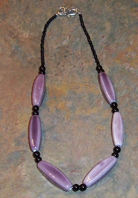 Purple Oblong Beads and Black Bead Necklace with S Hook Closure 18