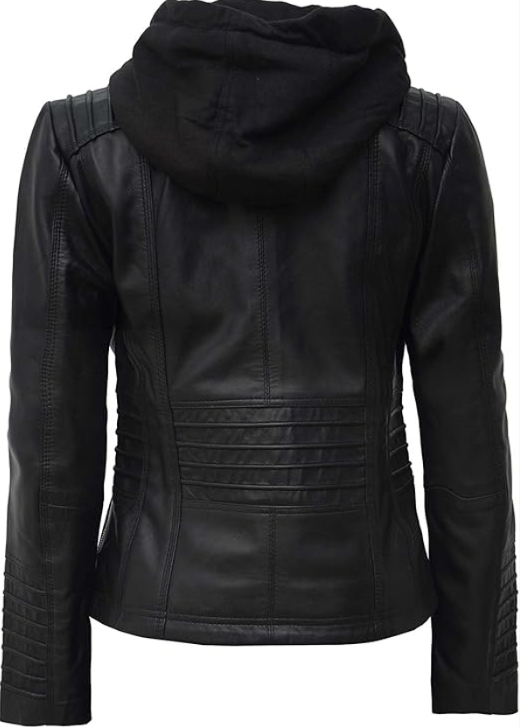 MOTO WOMEN SLIM FIT HOODED BLACK MOTORCYCLE REAL LEATHER BIKER JACKET