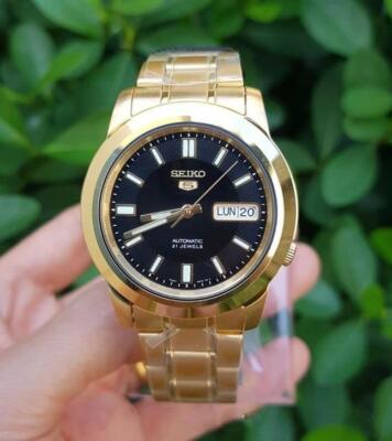 Pre-owned Seiko 5 Snkk22k1 Automatic Gold-tone Stainless Steel Black Analog Men's Watch