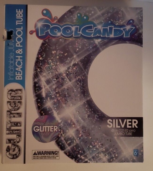 New Pool Candy Inflatable Silver Holographic Glitter Beach & Pool Tube 48