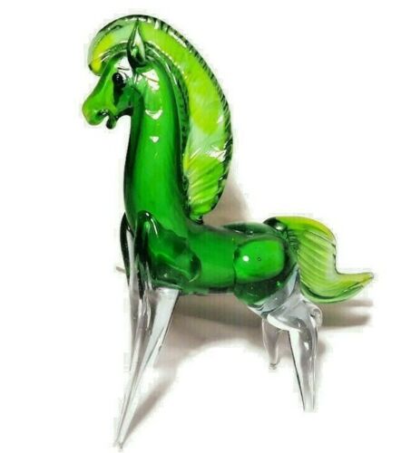 Glass Horse Green & Clear 7" tall Murano Style Handcrafted