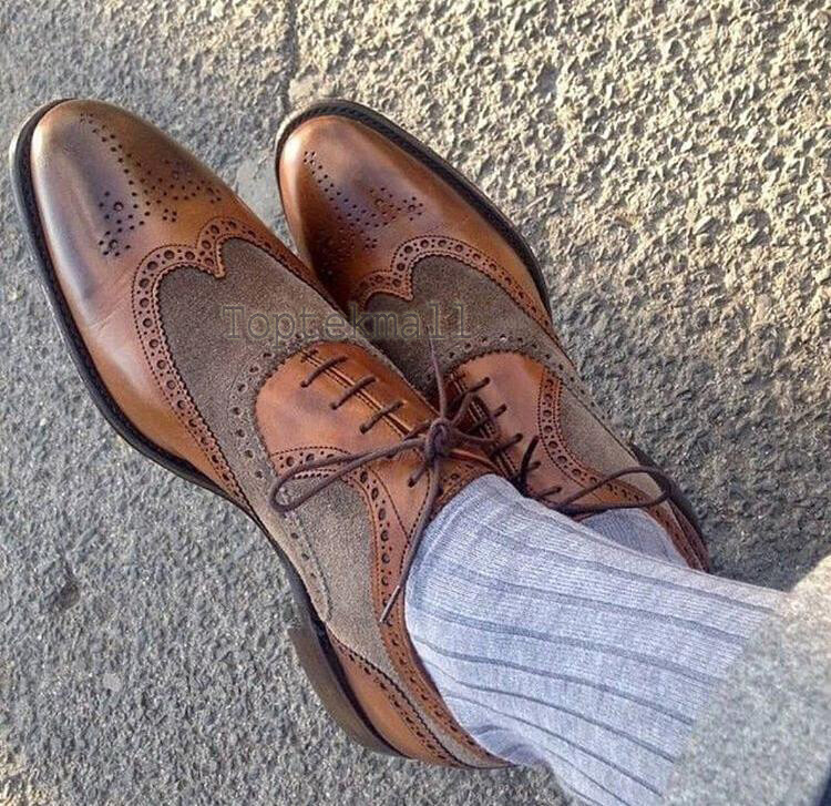 Pre-owned Handmade Men's Leather Suede Oxfords Wingtip Brown Formal Dress Casual Shoes-132