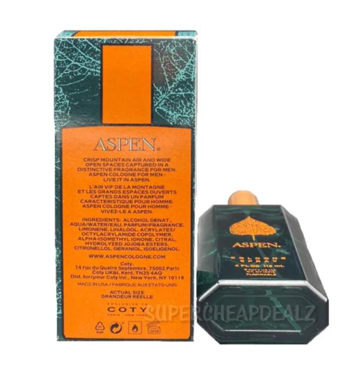 Aspen by Coty for Men 4.0 oz Cologne Spray New In Box AUTHENTIC