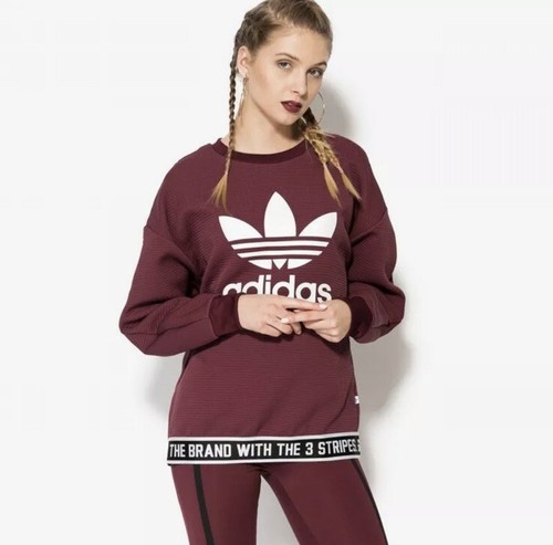 Adidas Trefoil 3 Stripes Logo Ribbed Pullover Sweatshirt AY8936- Maroon -  Large | eBay