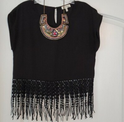NWOT Monteau Los Angeles Ladies (Medium) Fringe Crop Short Sleeve Top Black
