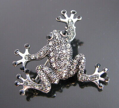 Wunderschöne Edel Brosche Frosch Anstecknadel Schwarz Strass Kristall