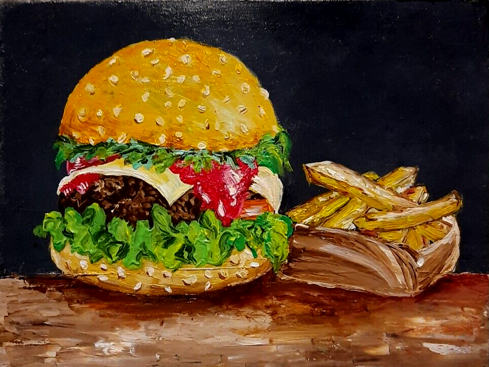 都内で Oil modern food.Wall fries.Fast french with painting.Burger 絵画