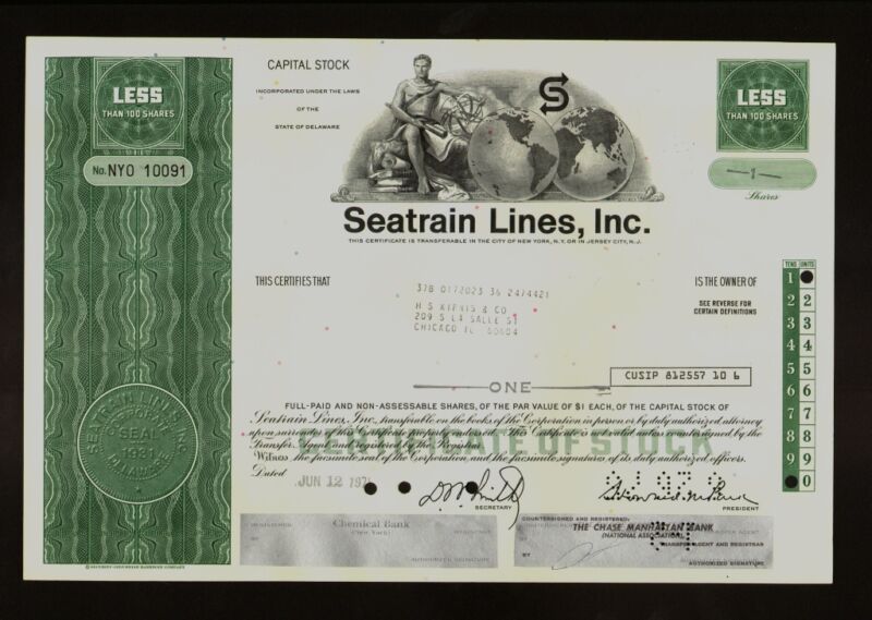 SEATRAIN LINES  Rail Car Ferry  New York  old stock certificate