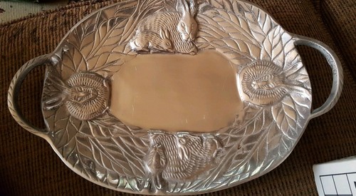 Vintage Aluminum Bunny Rabbit Handles Serving Tray Platter Easter