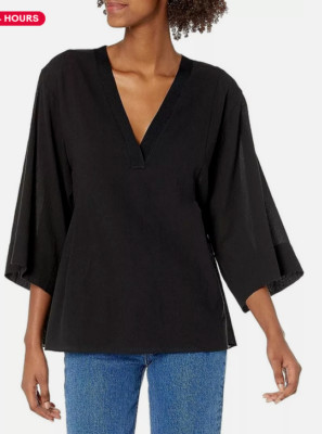 New VINCE V-Neck 3/4 Flutter Sleeve Gauzy Cotton Popover Top Navy Blue Small
