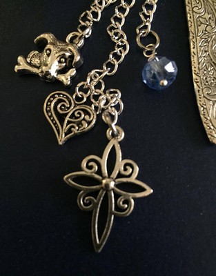 Dog Memorial Tibetan Silver Bookmark Cross, Heart, Dog Charms & Swarovski Bead