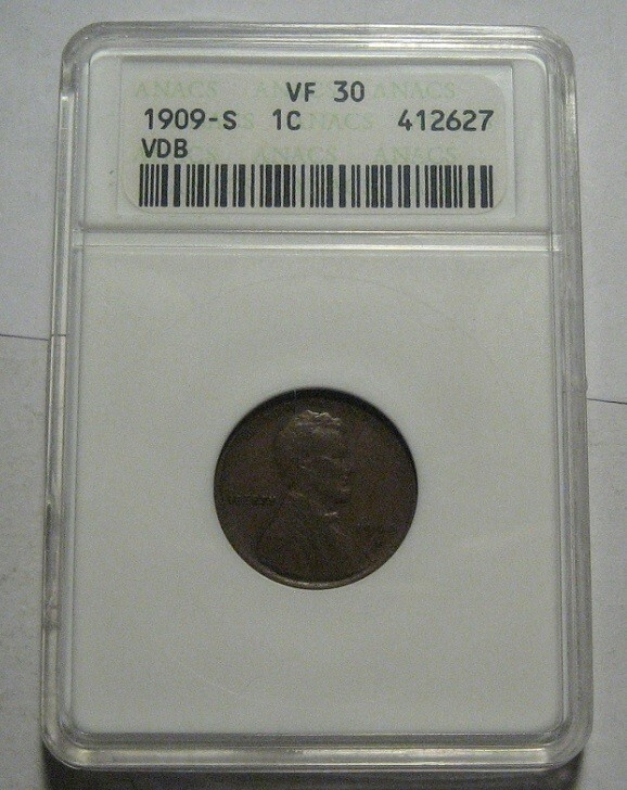 = 1909-S-VDB VF30 ANACS Lincoln WHEAT Cent, V.D.B. Small Holder