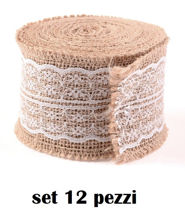 Set 12 Pezzi Rotoli Nastro Di Lino Naturale Con Pizzo 5cm x 2 Mt dfh