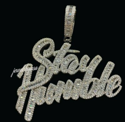 Pre-owned Nsg 2ct Baguette Cubic Zirconia Customized "stay Humble" Name Pendant 925 Silver In White